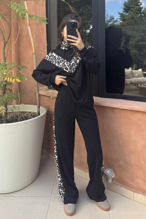 LEO PRINT DETAILS BLOUSE+SWEATPANTS WOMEN SET BLACK/ E ZEZE - 1