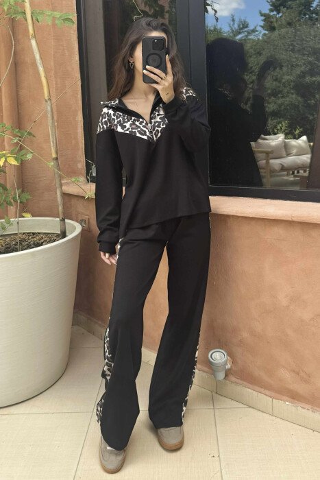 LEO PRINT DETAILS BLOUSE+SWEATPANTS WOMEN SET BLACK/ E ZEZE - 2