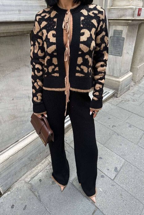 LEO PRINT LACING CARDIGAN +TROUSERS KNIT WOMAN SET BLACK/ E ZEZE - KLAUDIO FASHION