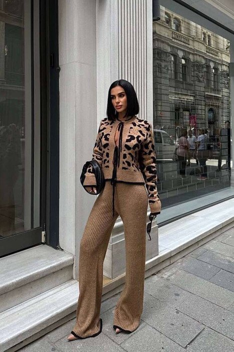 LEO PRINT LACING CARDIGAN +TROUSERS KNIT WOMAN SET BROWN/KAFE - 3