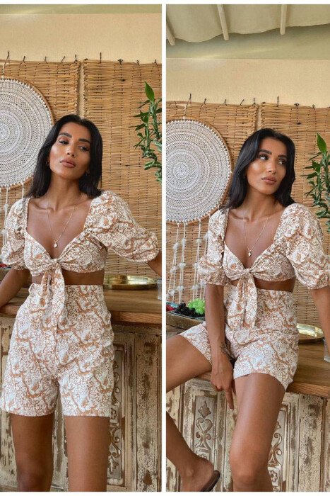 LEOPARD DESIGN WOMAN CROP & SHORTS BEIGE/BEZHE - KLAUDIO FASHION
