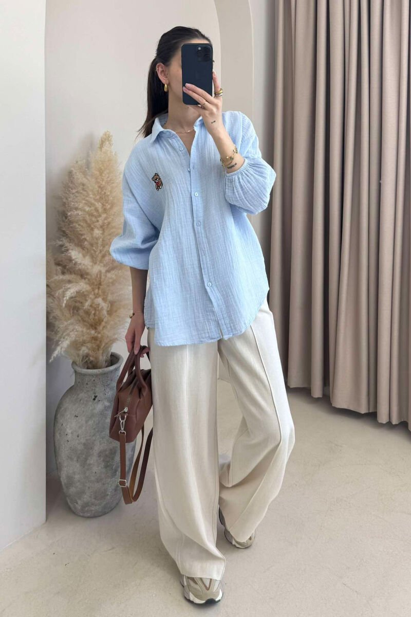 LINEN BEAR LOGO ONE COLOR WOMEN SHIRT LIGHTBLUE/BZ - 1