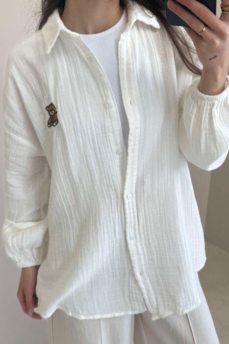 LINEN BEAR LOGO ONE COLOR WOMEN SHIRT WHITE-E BARDHE - 4
