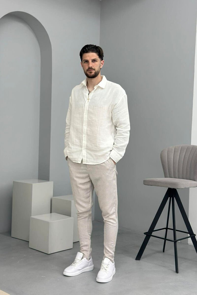 LINEN BLEND BELT DETAIL MEN PANTS BEIGE/BEZHE - 1