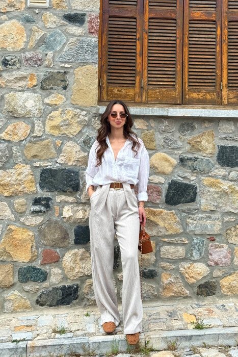 LINEN BLEND BELT DETAIL WOMAN TROUSERS BEIGE/BEZHE - KLAUDIO FASHION