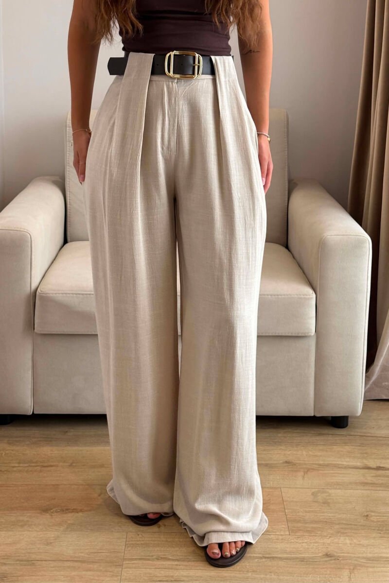 LINEN BLEND BELT DETAIL WOMAN TROUSERS BEIGE/BEZHE - 2