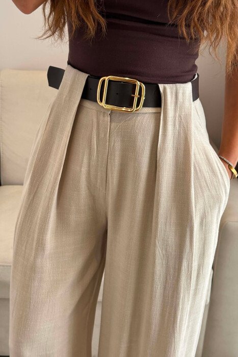 LINEN BLEND BELT DETAIL WOMAN TROUSERS BEIGE/BEZHE - 3