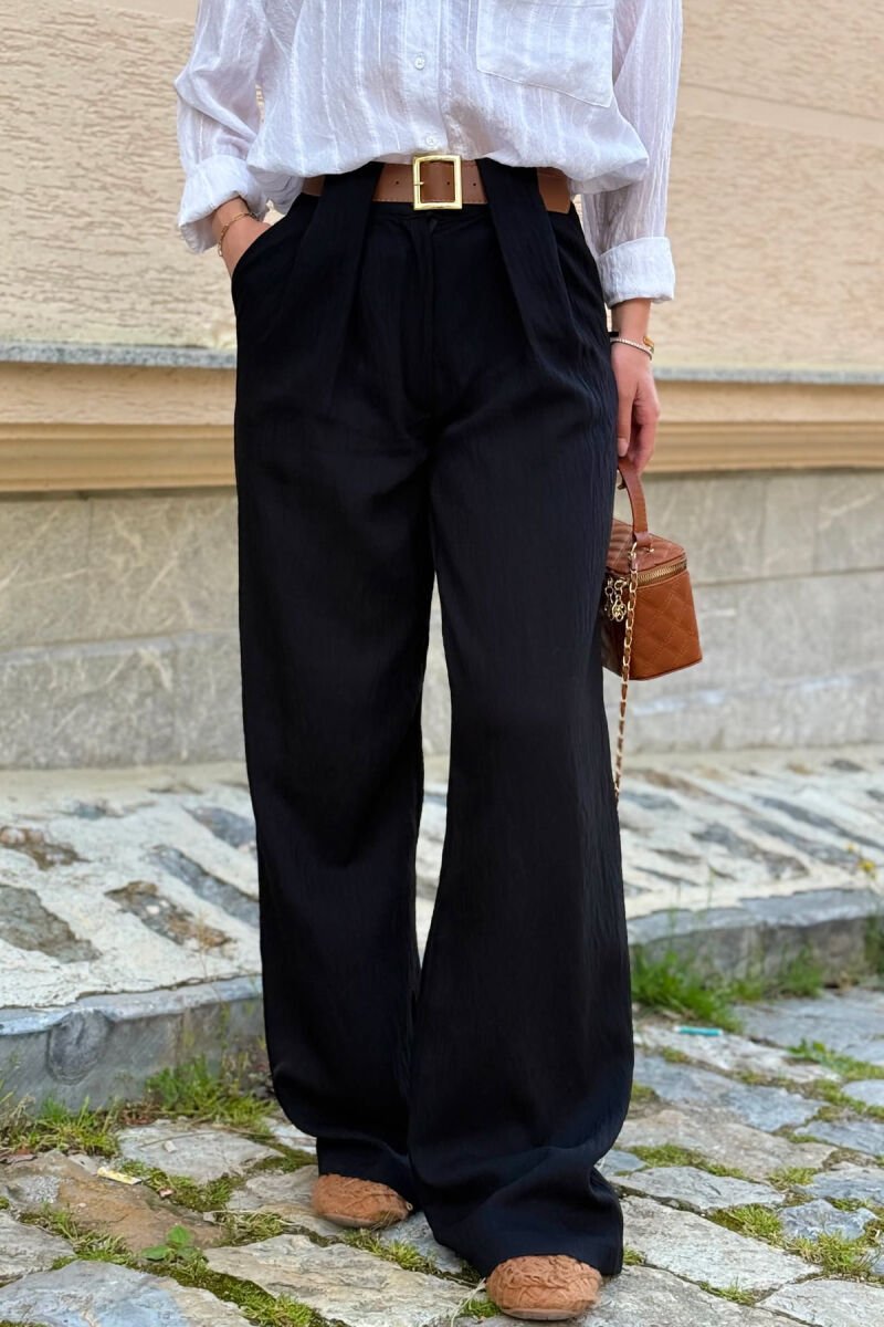 LINEN BLEND BELT DETAIL WOMAN TROUSERS BLACK/ E ZEZE - 4