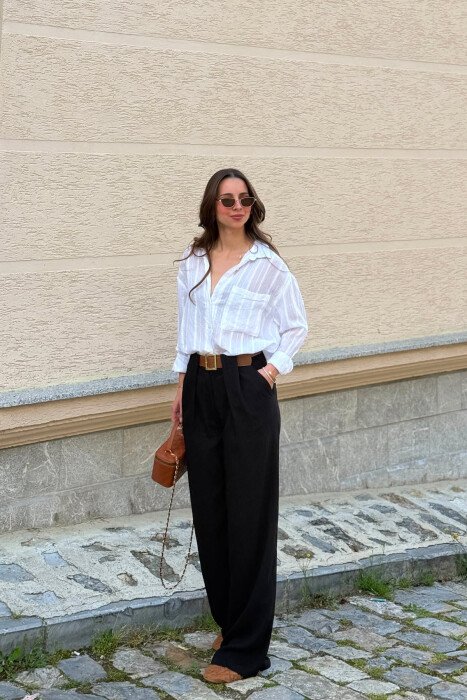 LINEN BLEND BELT DETAIL WOMAN TROUSERS BLACK/ E ZEZE - 5