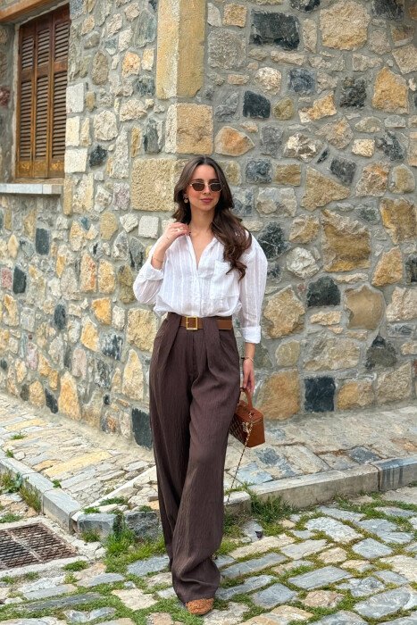 LINEN BLEND BELT DETAIL WOMAN TROUSERS BROWN/KAFE - 1