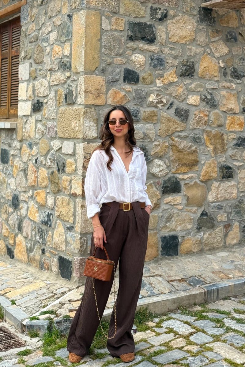 LINEN BLEND BELT DETAIL WOMAN TROUSERS BROWN/KAFE - 5