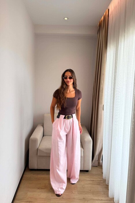 LINEN BLEND BELT DETAIL WOMAN TROUSERS PINK/ROZE - 2