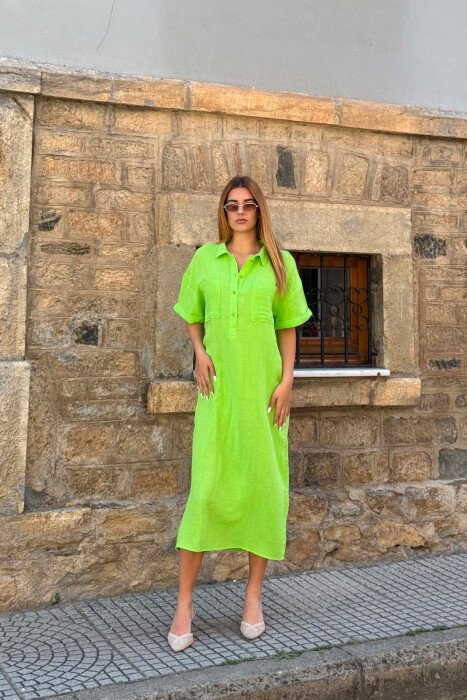 LINEN BLEND FRONT POCKETS SHORT SLEEVE WOMAN DRESS NEON/NEON - 1