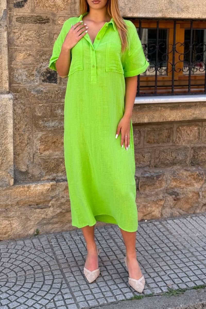 LINEN BLEND FRONT POCKETS SHORT SLEEVE WOMAN DRESS NEON/NEON - 2
