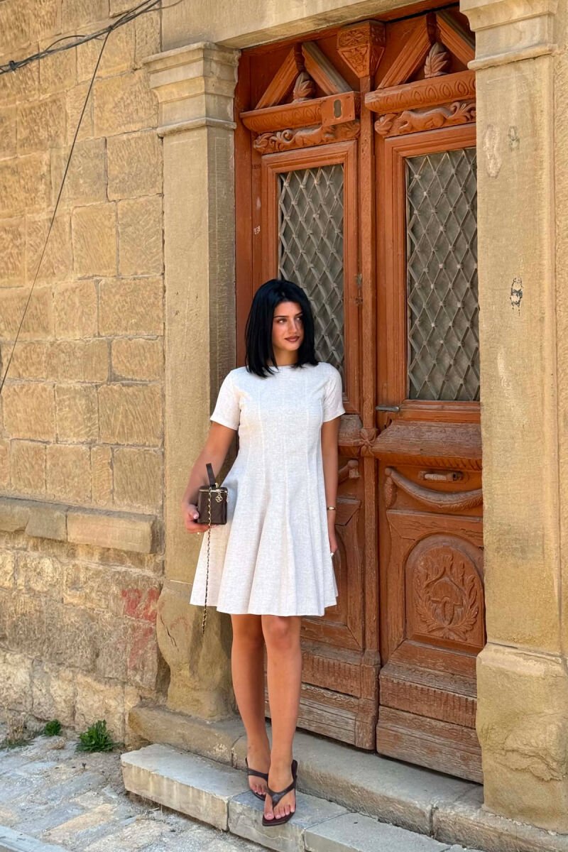 LINEN BLEND ONE COLOR SHORT SLEEVE WOMAN DRESS BEIGE/BEZHE - 2