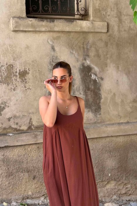 LINEN BLEND ONE COLOR WOMAN DRESS BROWN/KAFE - 3