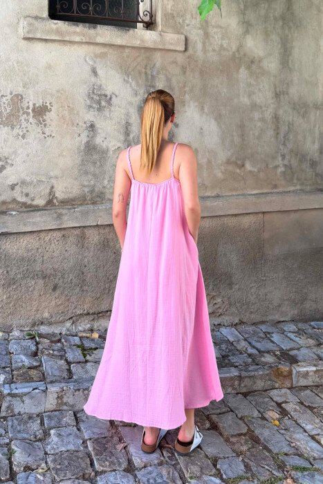 LINEN BLEND ONE COLOR WOMAN DRESS PINK/ROZE - 4