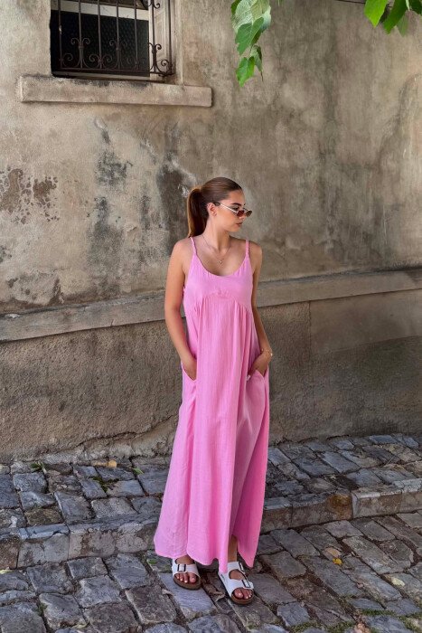 LINEN BLEND ONE COLOR WOMAN DRESS PINK/ROZE - 5