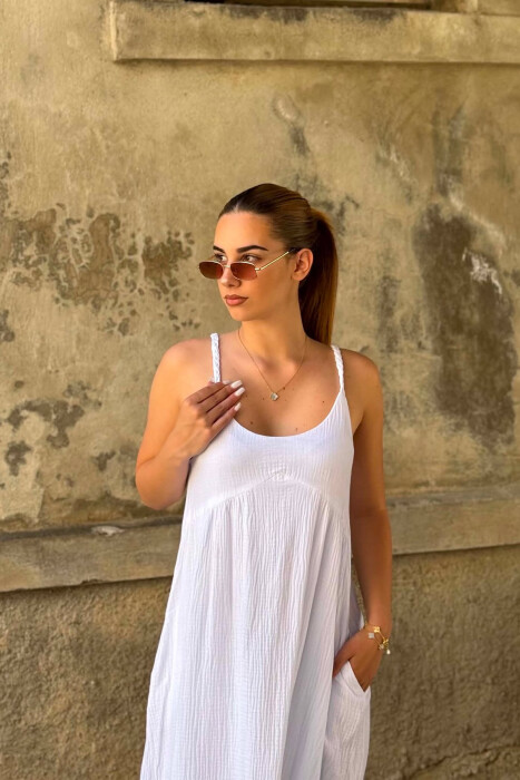 LINEN BLEND ONE COLOR WOMAN DRESS WHITE-E BARDHE - 3
