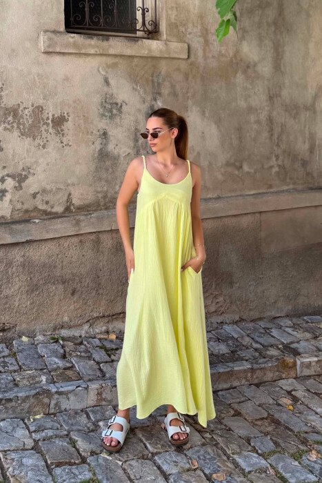 LINEN BLEND ONE COLOR WOMAN DRESS YELLOW/E VERDHE - KLAUDIO FASHION