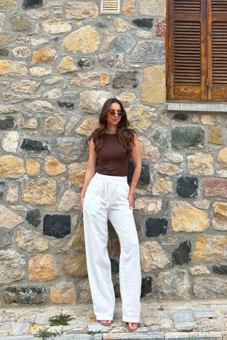 LINEN BLEND ONE COLOR WOMAN TROUSERS WHITE-E BARDHE - KLAUDIO FASHION