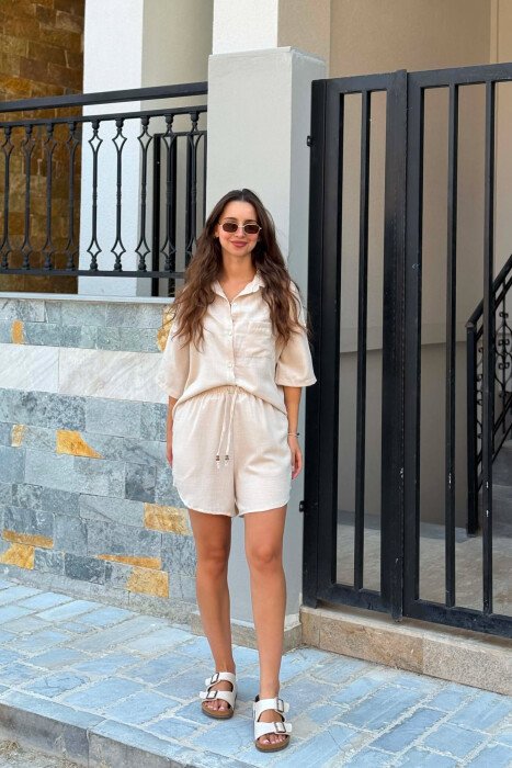 LINEN BLEND SHIRT + SHORTS WOMAN SET BEIGE/BEZHE - KLAUDIO FASHION