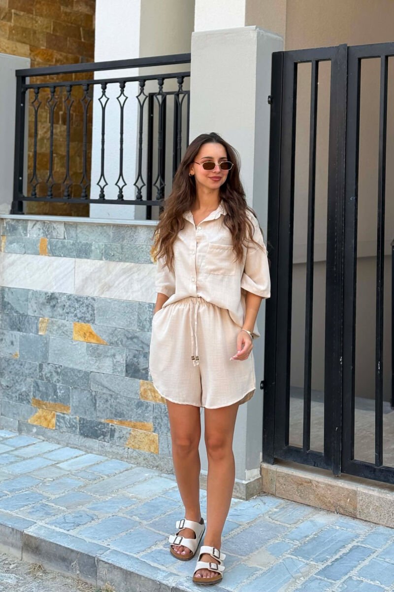 LINEN BLEND SHIRT + SHORTS WOMAN SET BEIGE/BEZHE - 3