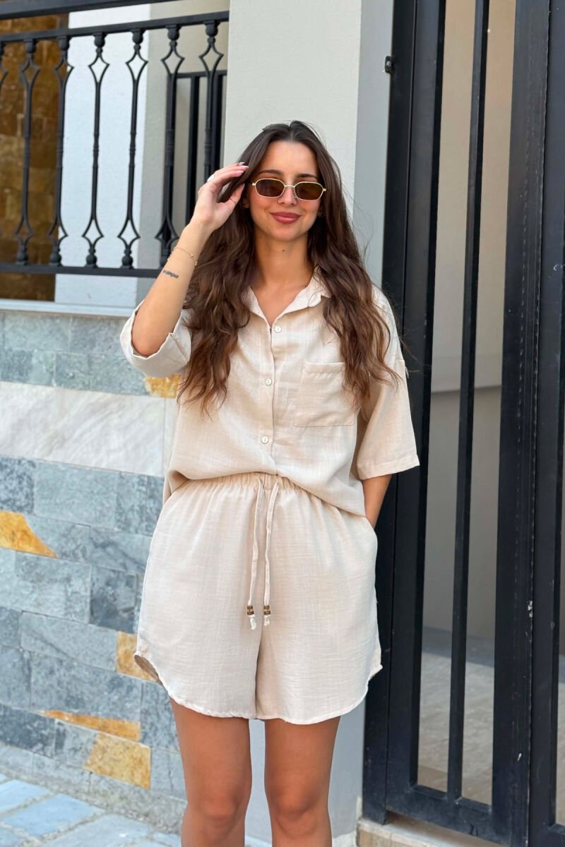 LINEN BLEND SHIRT + SHORTS WOMAN SET BEIGE/BEZHE - 4