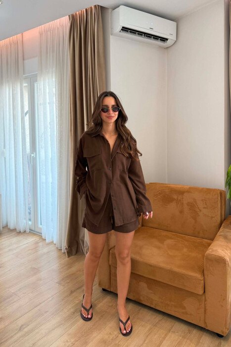LINEN BLEND SHIRT + SHORTS WOMAN SET BROWN/KAFE - 1