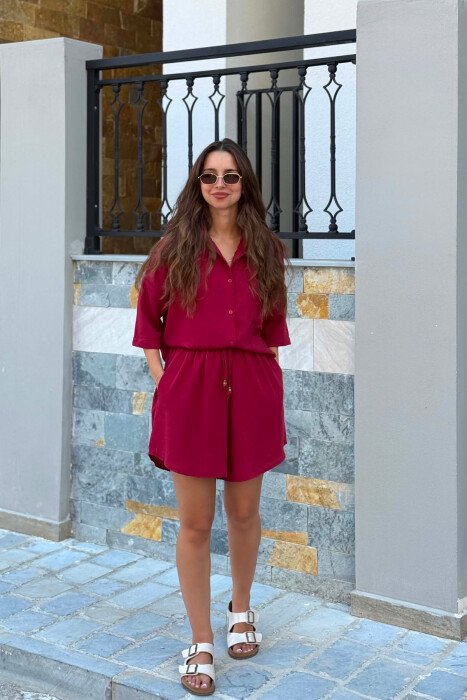 LINEN BLEND SHIRT + SHORTS WOMAN SET BURGUNDY/VISHNJE - KLAUDIO FASHION