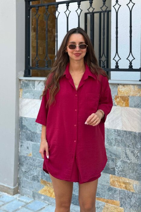 LINEN BLEND SHIRT + SHORTS WOMAN SET BURGUNDY/VISHNJE - 2