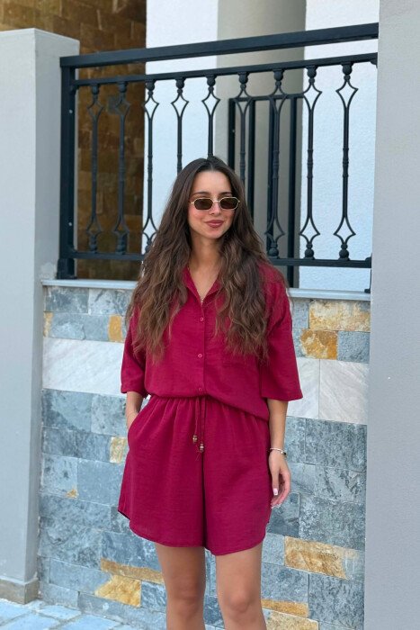 LINEN BLEND SHIRT + SHORTS WOMAN SET BURGUNDY/VISHNJE - 3