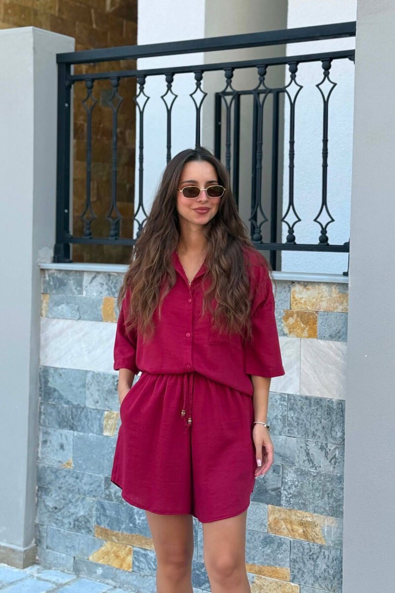 LINEN BLEND SHIRT + SHORTS WOMAN SET BURGUNDY/VISHNJE - 3