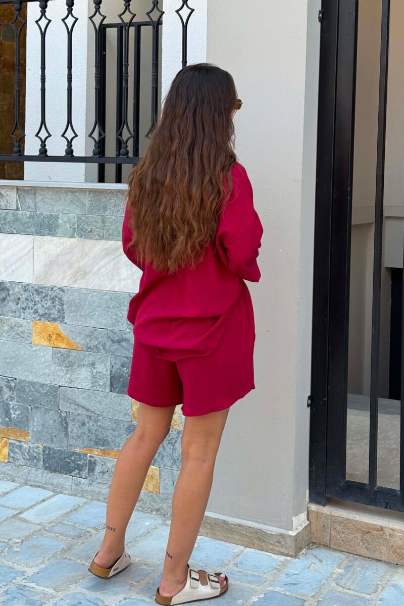 LINEN BLEND SHIRT + SHORTS WOMAN SET BURGUNDY/VISHNJE - 4