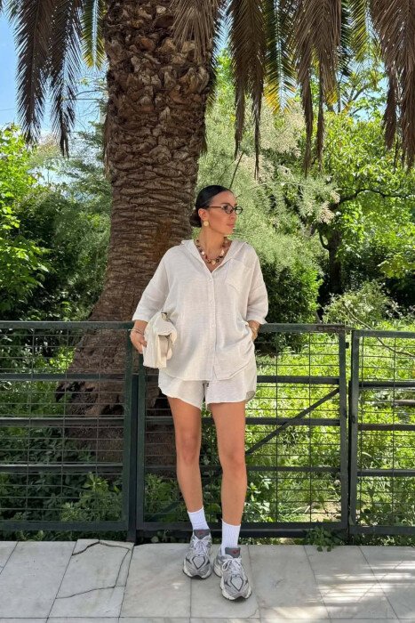 LINEN BLEND SHIRT + SHORTS WOMAN SET CREAM/KREM 