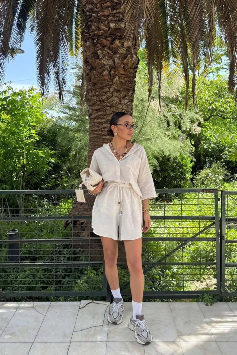 LINEN BLEND SHIRT + SHORTS WOMAN SET CREAM/KREM - 2