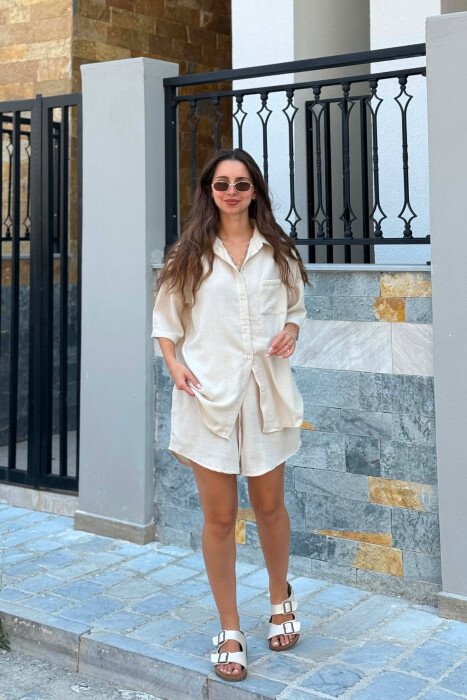 LINEN BLEND SHIRT + SHORTS WOMAN SET LIGHT BEIGE/BZHZB - KLAUDIO FASHION