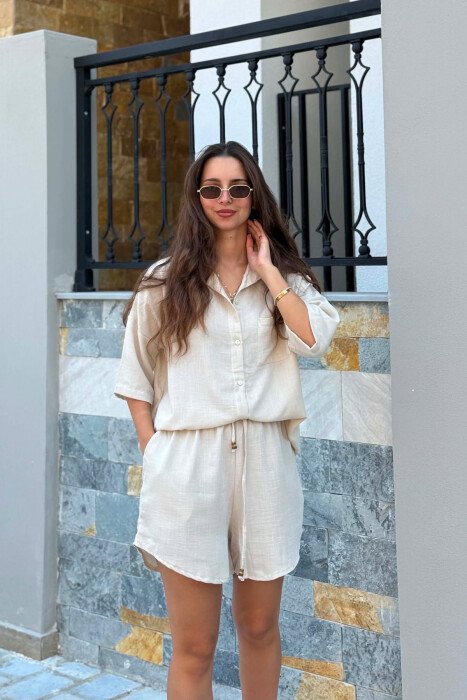LINEN BLEND SHIRT + SHORTS WOMAN SET LIGHT BEIGE/BZHZB - 3