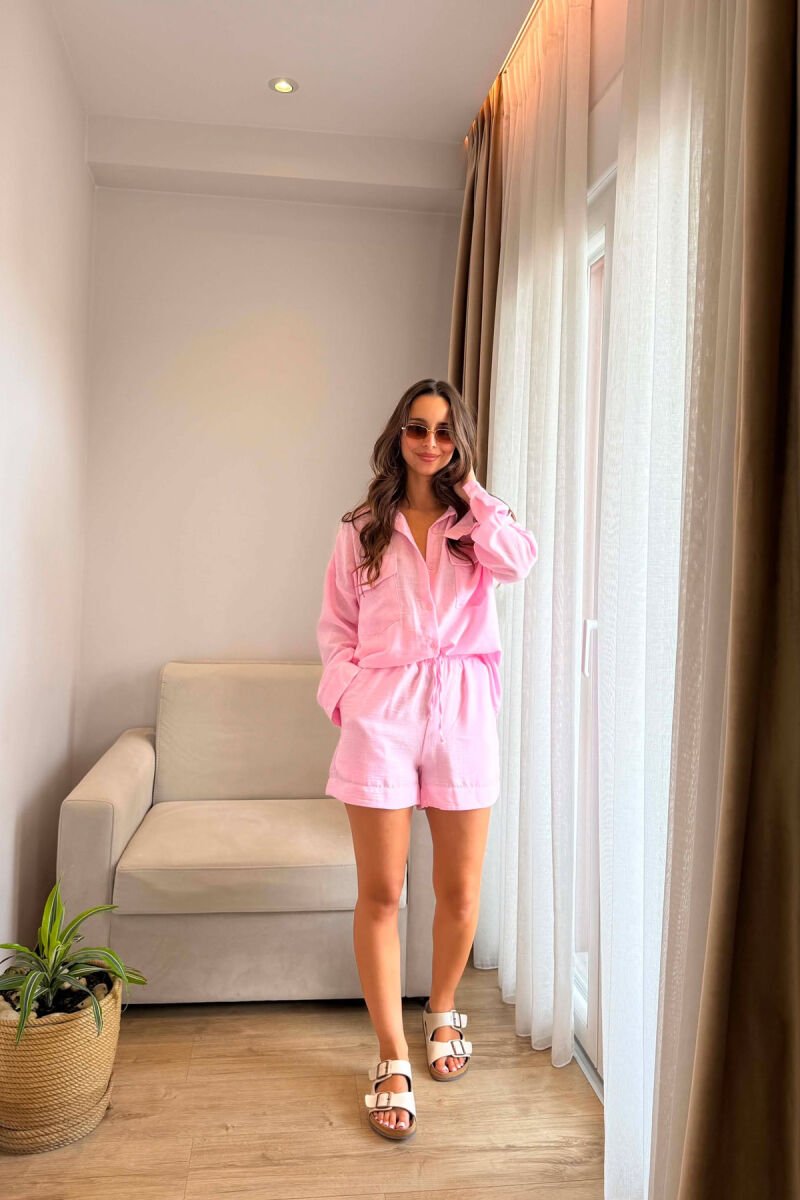 LINEN BLEND SHIRT + SHORTS WOMAN SET PINK/ROZE - 2
