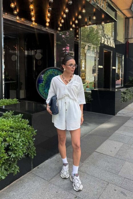 LINEN BLEND SHIRT + SHORTS WOMAN SET WHITE-E BARDHE - 