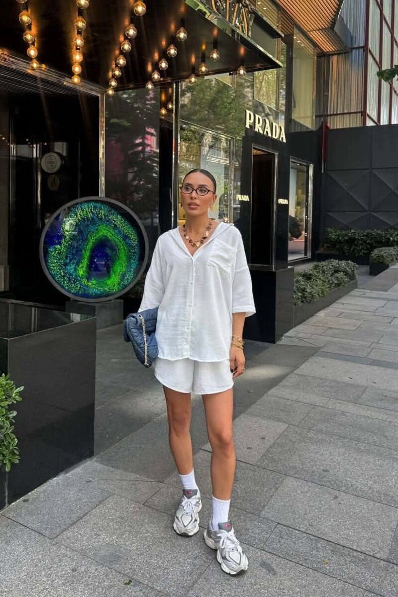 LINEN BLEND SHIRT + SHORTS WOMAN SET WHITE-E BARDHE - 2