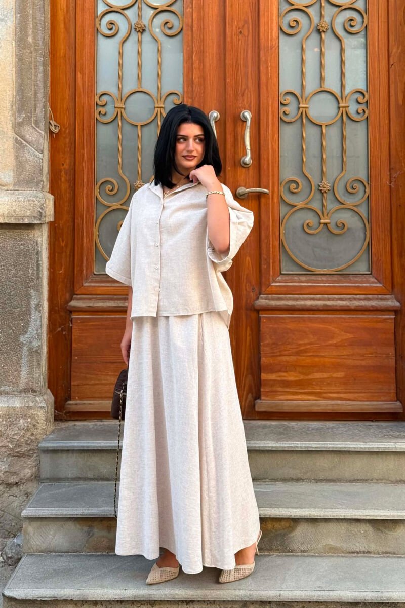 LINEN BLEND SHIRT+ SKIRT WOMAN SET BEIGE/BEZHE - 3
