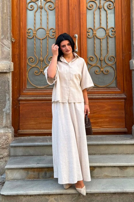 LINEN BLEND SHIRT+ SKIRT WOMAN SET BEIGE/BEZHE - 6