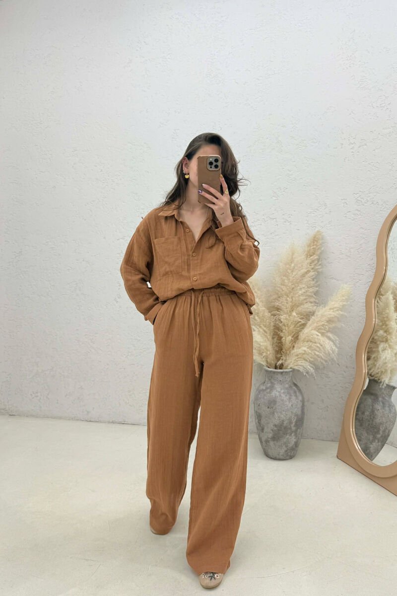 LINEN BLEND SHIRT + TROUSERS WOMAN SET BROWN/KAFE - 1