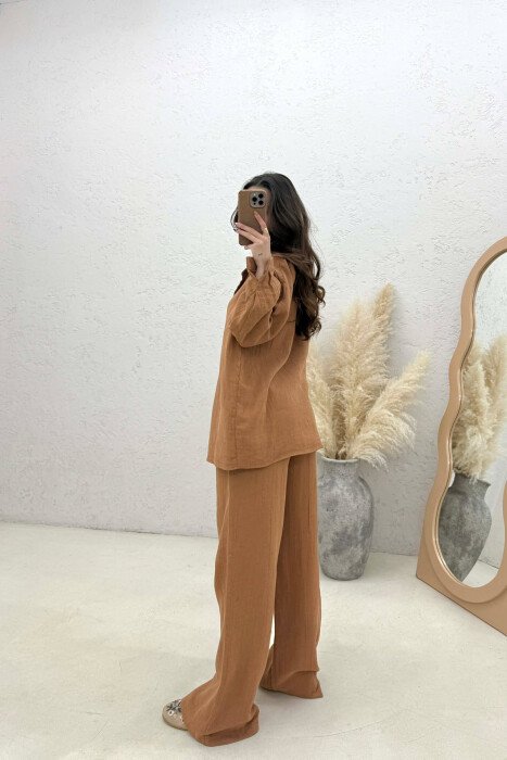 LINEN BLEND SHIRT + TROUSERS WOMAN SET BROWN/KAFE - 2