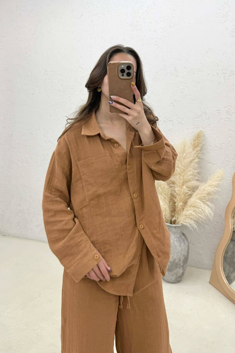 LINEN BLEND SHIRT + TROUSERS WOMAN SET BROWN/KAFE - 4
