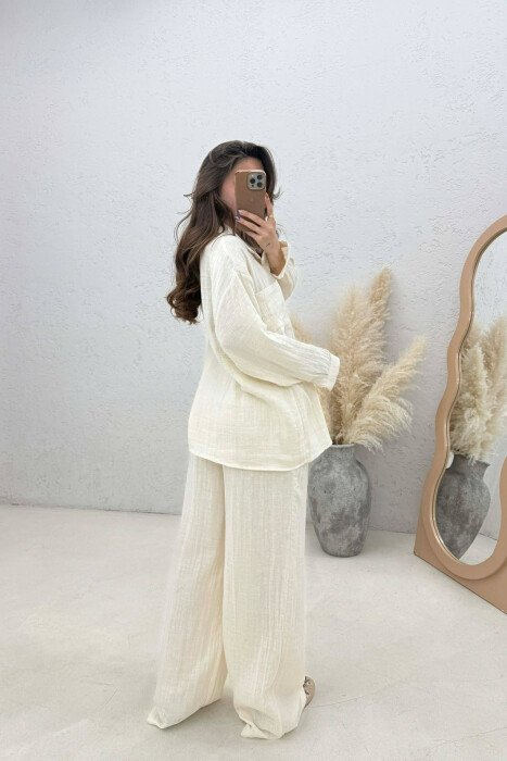 LINEN BLEND SHIRT + TROUSERS WOMAN SET CREAM/KREM - 2
