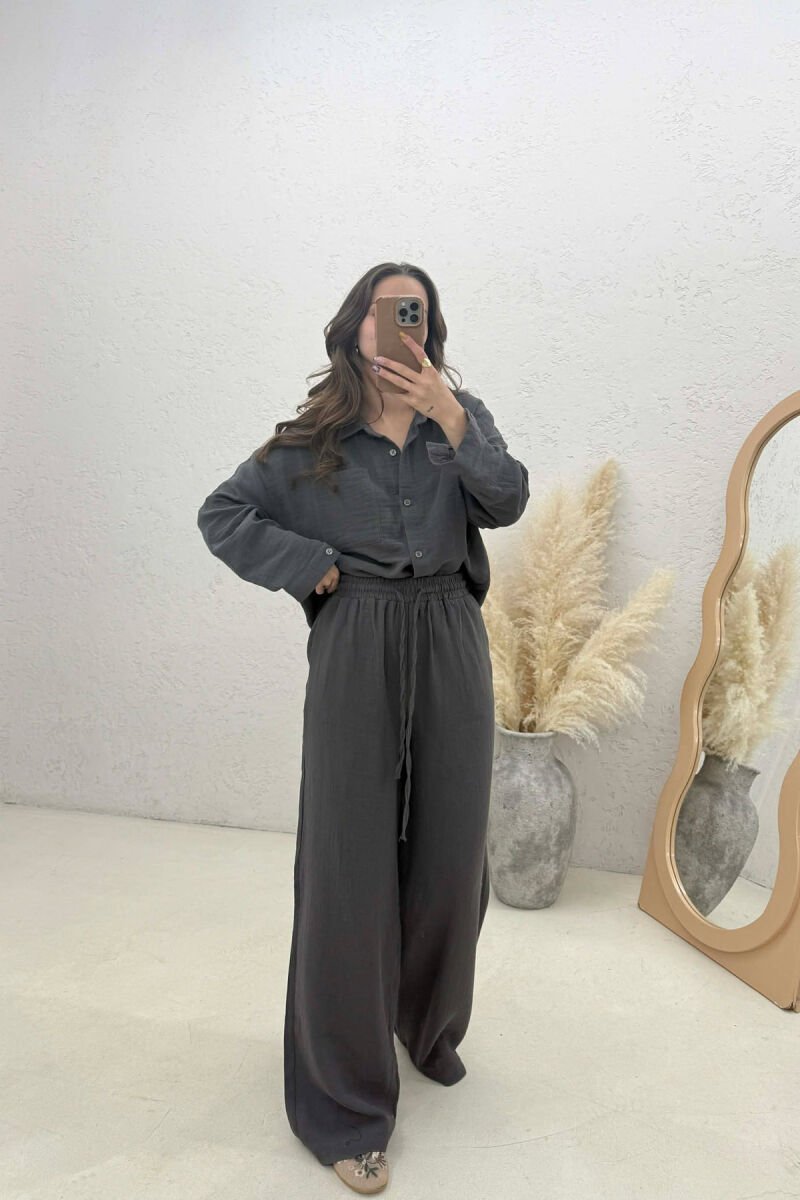 LINEN BLEND SHIRT + TROUSERS WOMAN SET DARK GREY/GEE - 1