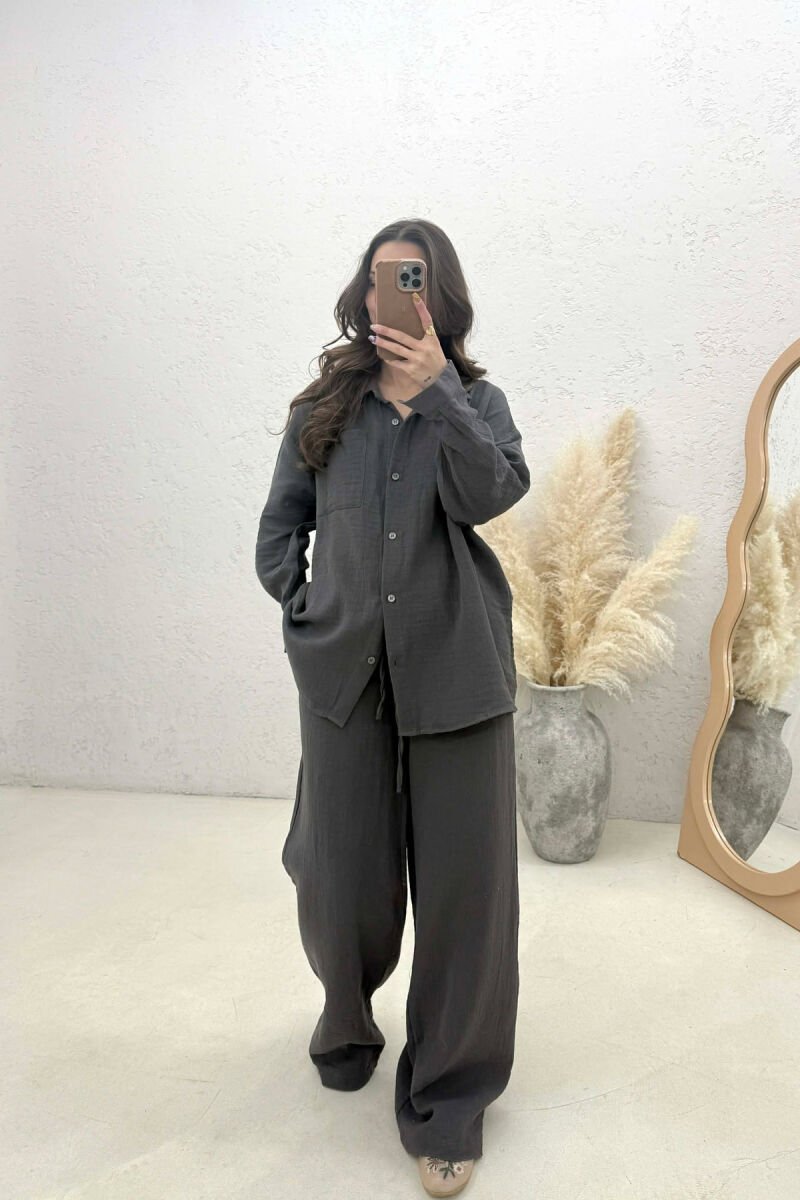 LINEN BLEND SHIRT + TROUSERS WOMAN SET DARK GREY/GEE - 2