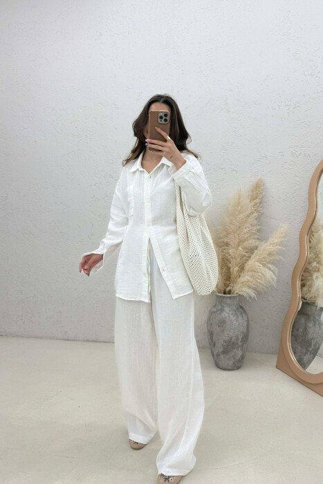 LINEN BLEND SHIRT + TROUSERS WOMAN SET WHITE-E BARDHE 